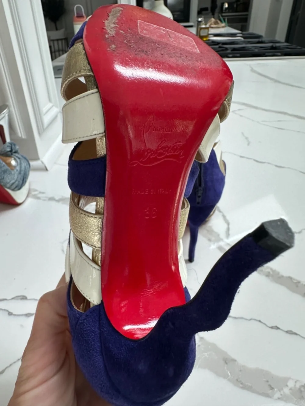 Christian Louboutin Purple/White/Gold Open-Toe Bootie Heel 36 Sz
